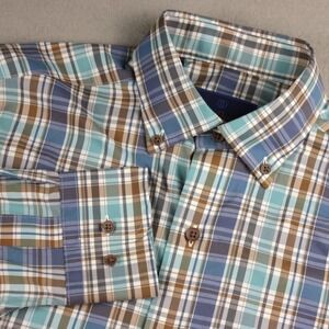 David Donahue Fusion Performance Plaid Dress Shirt Mens 15.5 M Blue Teal Brown